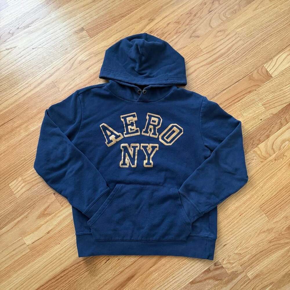 Aeropostale Aero NY Hoodie Size M Navy Blue Spellout Sweatshirt